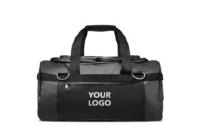 Black offshore tarpaulin grab bag with custom printed logo on front